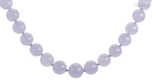 Jadeite bead and 14k yellow gold necklace Composed of (70) light purplish grey jadeite beads,