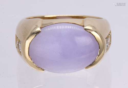 Jadeite, diamond and 14k yellow gold ring Featuring (1) oval lavender jadeite cabochon, measuring