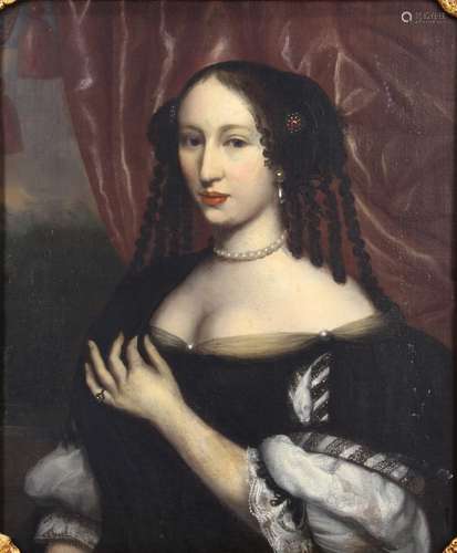 Attributed to Daniel Mytens the Younger (Dutch, 1644-1688), Portrait of a Woman in Pearls, oil on