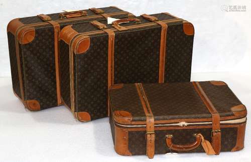 (lot of 3) Louis Vuitton soft shell luggage group, each having monogram canvas exterior with leather