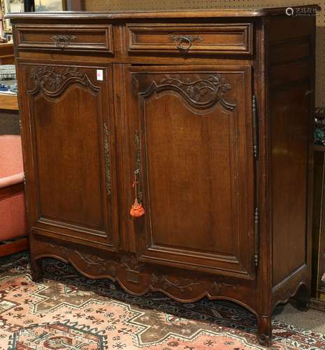 French Provincial oak linen press, 18th century, having a rectangular top, above two drawers,