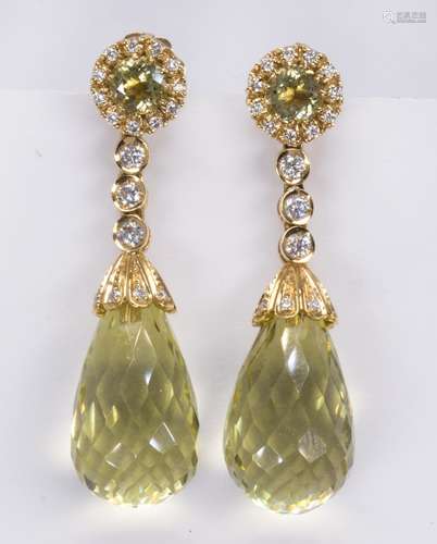 Pair of quartz, diamond and 18k yellow gold earrings Featuring (2) briolette-cut and (2) round-cut