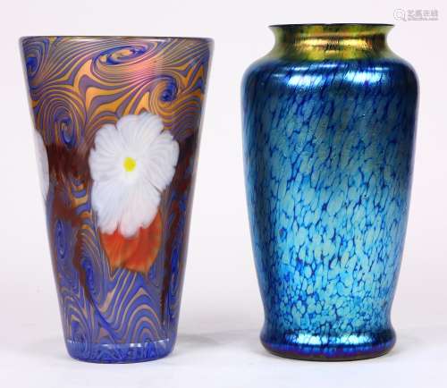 (lot of 2) Lundberg Studios vase group, one of tapered form having blue swirl detail centered with