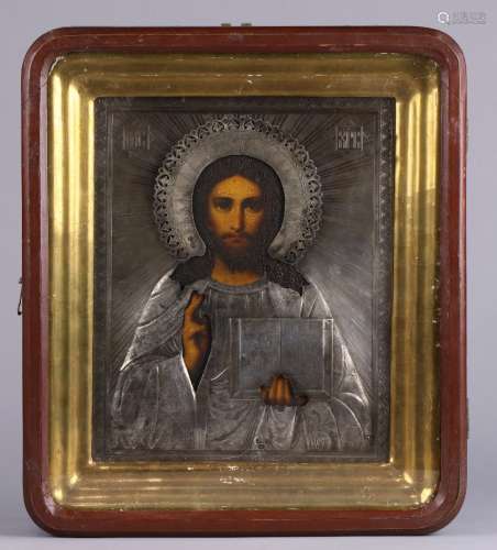 Russian icon, having a silver oklad and depicting Christ Pantocrator, 13.5