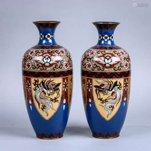 (lot of 2) Pair of Japanese cloisonne vases, with flared neck above a rouleau form body, floral