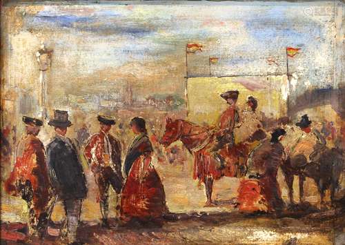 Eugenio Lucas Velázquez (Spanish, 1817–1870), Street Scene with Matadors, Figures and Horses, oil on