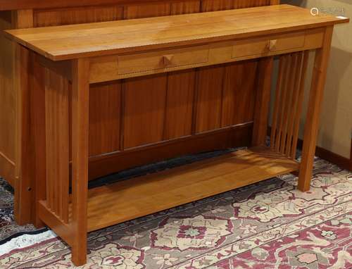 Berkeley Mills Arts and Crafts style console table, having a rectangular top, above the two drawer