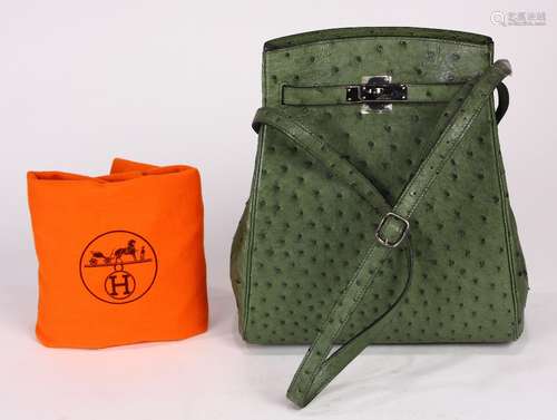 Hermes Paris Kelly Sport olive ostrich cross body handbag, with dustbag, rain jacket, box, and