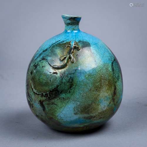 Art pottery vase, signed Birgitta, having a stick neck, above the bulbous body executed in mottled