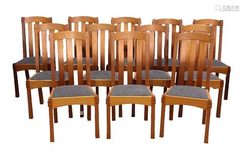 (lot of 12) Berkeley Mills Arts and Crafts style dining chairs, each having a slated back, above a