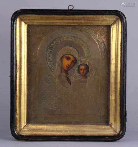 Russian icon, having a brass oklad, depicting the Mother of God, 13