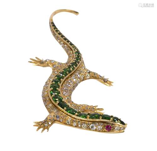 Tsavorite garnet, diamond, ruby and 18k yellow gold lizard brooch Designed as a lizard, centering