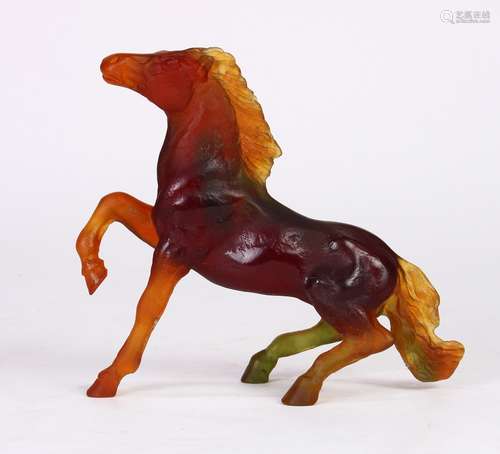 Daum France Pate De Verre figural sculpture depicting a horse, executed in amber to green, signed