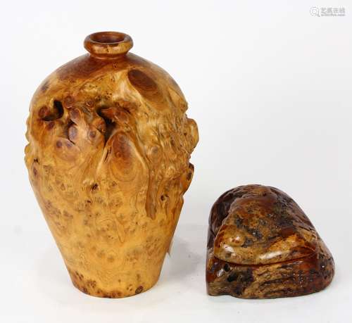 (lot of 2) Maple burl turned vessel, having a tapered form, together with a walnut burl box,