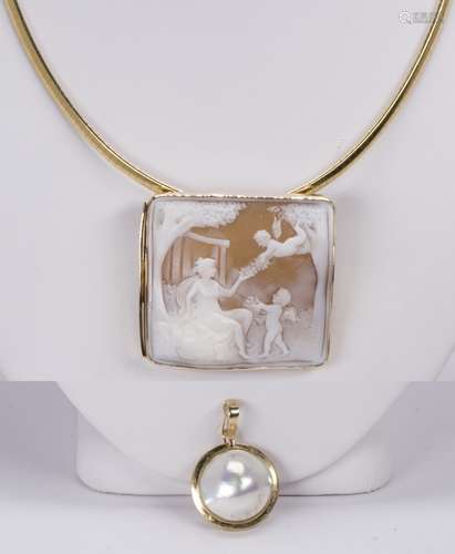 (Lot of 3) Shell cameo, mabe pearl and 14k yellow gold jewelry Including 1) square shell cameo,