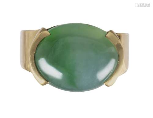 Jadeite and 18k yellow gold ring Featuring (1) oval jadeite cabochon, measuring approximately 14 X