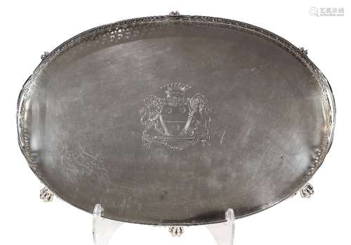 Tiffany & Co. sterling silver tray, of oval form, having a pierced gallery, featuring an armorial