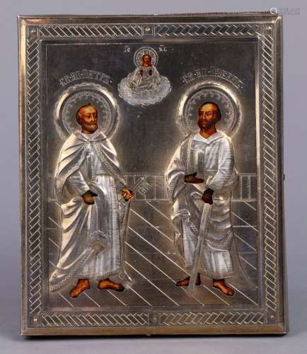 Russian traveling icon, having a silver oklad, and depicting Peter and Paul, Peter depicted
