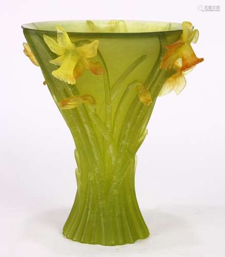 Daum, France, pate de verre Jonquille vase, having a tapered form in orange to green, decorated with