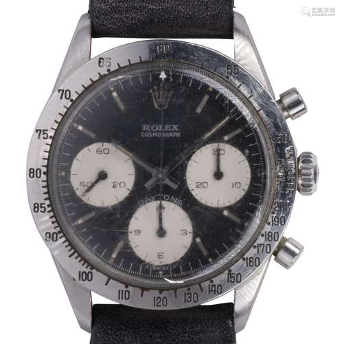 Rolex Daytona Cosmograph stainless steel wristwatch, Ref.6239 Dial: round, black, applied baton hour