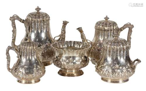 (lot of 5) Grosjean & Woodward for Tiffany & Co. sterling silver hot beverage service, circa 1857-