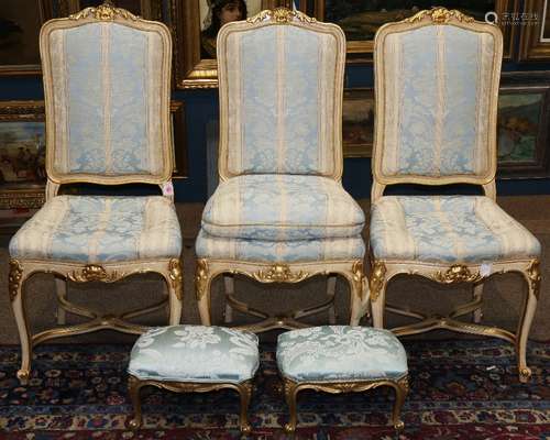 (lot of 5) Louis XV style furniture group, consisting of (3) fauteuils each having a partial gilt