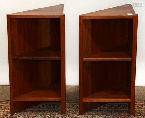 Scandinavian teak corner cabinets, circa 1970, each having an inlaid top, above the case with a