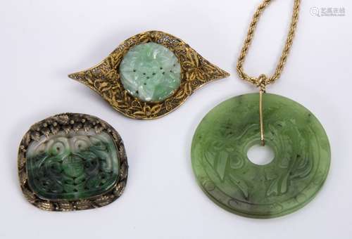 (Lot of 3) Jade, 14k yellow gold, sterling silver and silver jewelry Including 1) carved nephrite