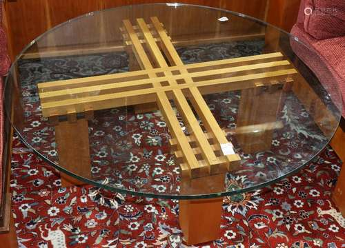 Berkeley Mills coffee table, having a circular top, above an X-form base, 15