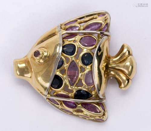 Sapphire and 18k yellow gold fish brooch Designed as an angel fish, accented by (2) pear, (2)