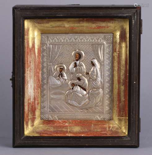 Russian icon, having a silver oklad and depicting the Nativity of the Virgin, 8