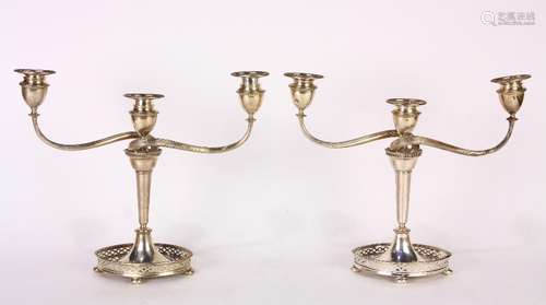 Pair of Tiffany & Co. sterling silver candelabra, 3 lights each, the removable bobeches with bead