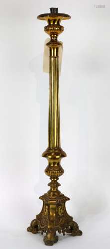 French gilt metal candelabrum, rising on a reeded standard and tripartite base, 31.5