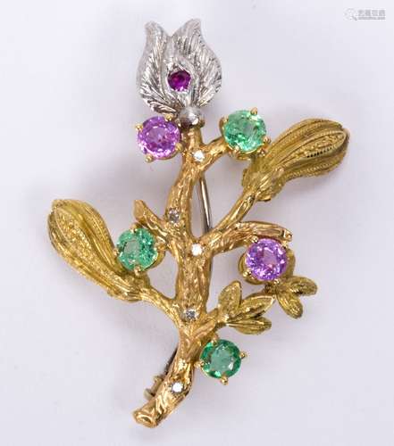 Cazzaniga emerald, sapphire, ruby, diamond, 18k yellow and white gold cactus flower brooch