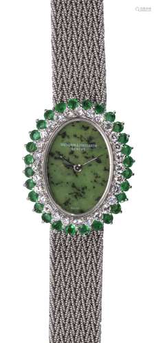 Lady's Vacheron & Constantine emerald, diamond and 18k white gold wristwatch Dial: oval zoisite (