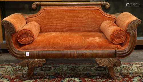 American Classical style settee, having burnt orange upholstery and rising on paw feet, 32