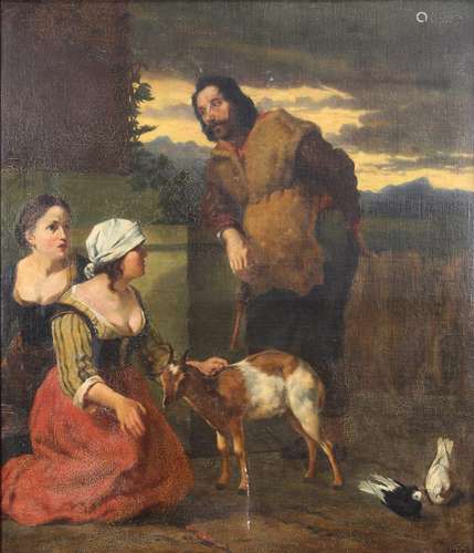 Continental School (19th century), Maidens and Shepherd with Goat, oil on canvas (relined), signed