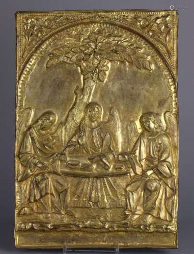 Continental icon, the raised brass panel depicting the three archangels Michael, Gabriel and