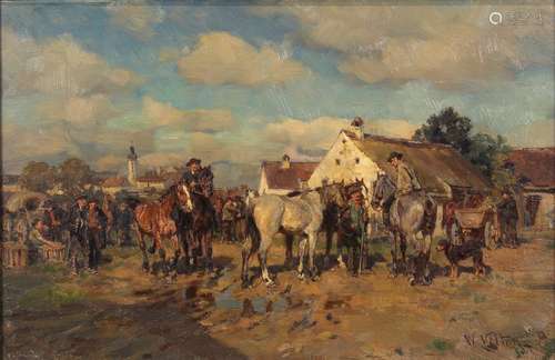 Wilhelm Velten (German/Russian, 1847-1929), Village Scene with Figures and Horses, oil on board,