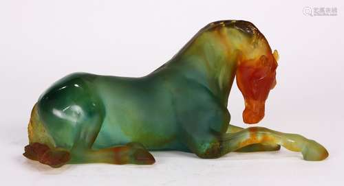 Daum France Pate De Verre Jument Au Repos figural sculpture of a horse, executed in green to