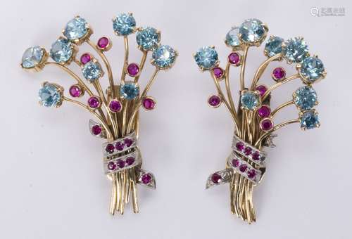 Pair of J.E. Caldwell zircon, ruby and 18k gold earrings Designed as floral bouquets, featuring (18)