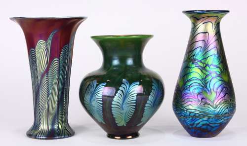 (lot of 3) Lundberg Studios vase group, one of trumpet form with an iridescent interior, the