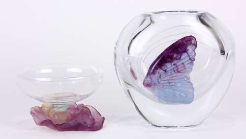 (lot of 2) Daum France pate de verre glass group, one executed in clear glass with a purple to