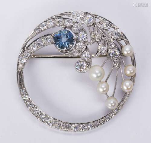 Aquamarine, diamond, cultured pearl and 14k white gold circle brooch Featuring (1) round-cut