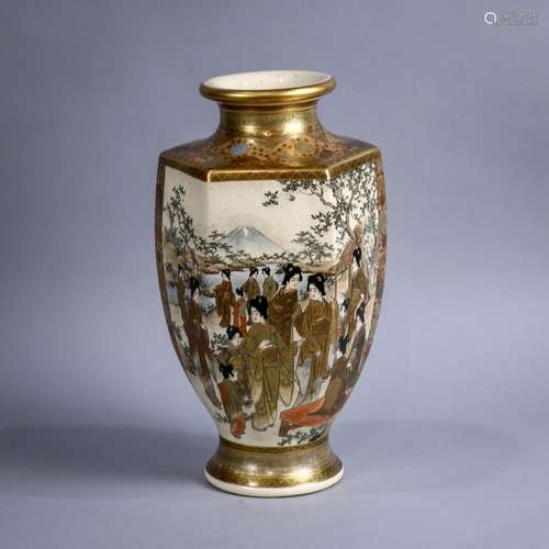 Japanese Satsuma vase, with a short neck above the rounded hexagonal body, three panels with