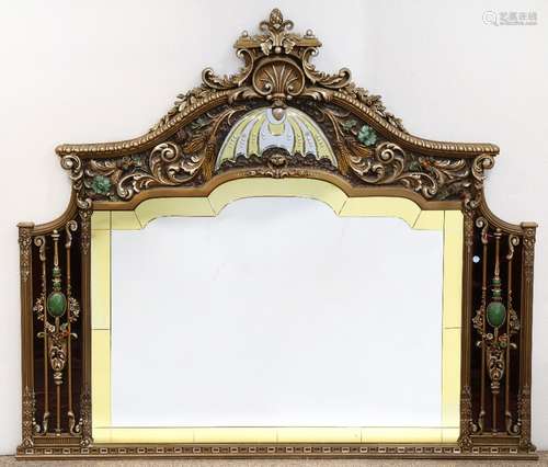 Rococo style partial gilt overmantle mirror, having a shell and acanthus decorated crest, above