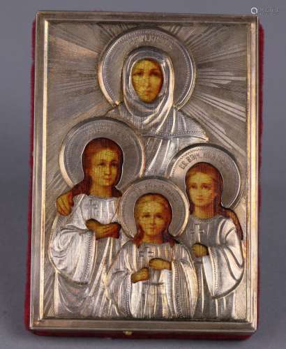 Russian icon, having a silver oklad, and depicting Sophia with three daughters, 4