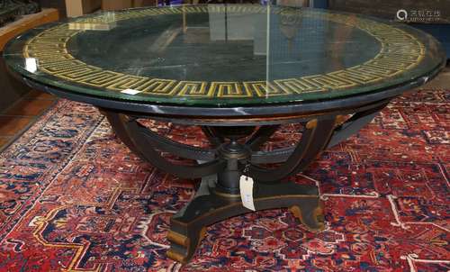 French Neoclassical style paint decorated and partial gilt center table, having a circular plate