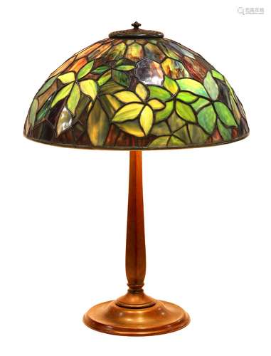 Tiffany Studios New York Woodbine pattern leaded glass table lamp circa 1910, the 16