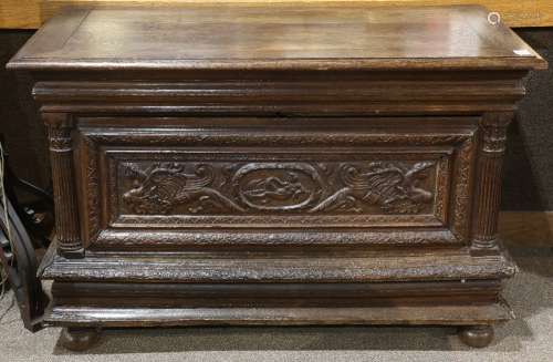 French Gothic oak coffer 18th century, having a hinged and carved oak case, the front with a